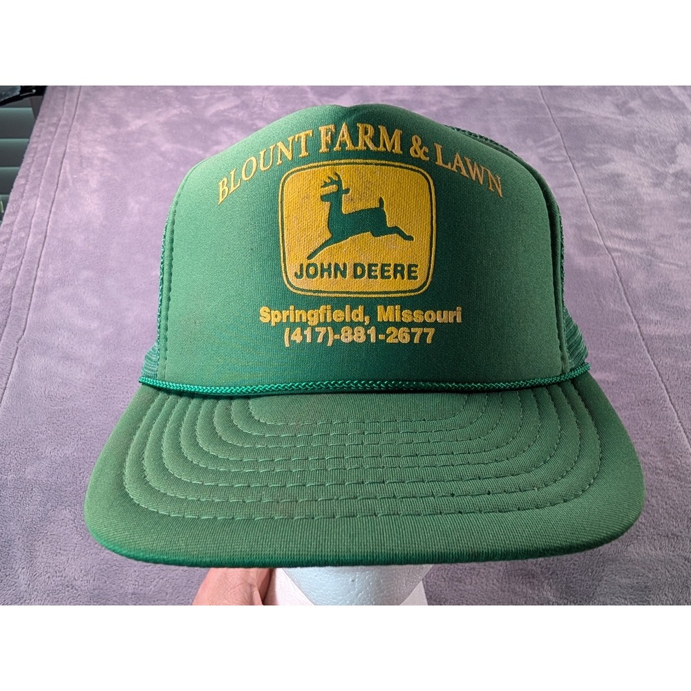 Vintage John Deere Blount Farm & Lawn Otto Cap Trucker Hat Green Snapback Mesh